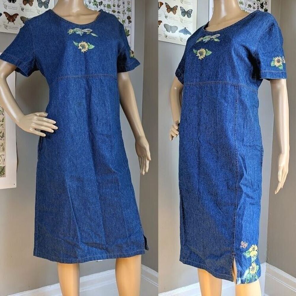 Vintage 90s Denim Midi Dress Cottagecore Empire Waist Butterfly Sunflower Size M